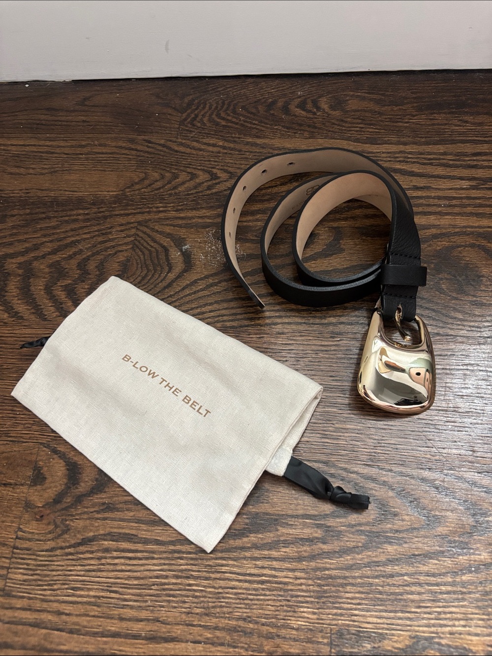 B-Low the Belt Black Leather Belt with Polished Gold Sculptural Buckle